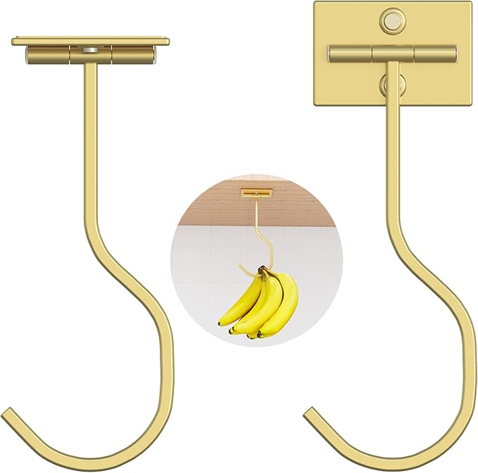 bussdis Adhesive Banana Hook Under Cabinet: 2-Pack Foldable Metal Banana Hanger, Space-Saving Under Counter Banana Holder for Kitchen & RV, Gold
