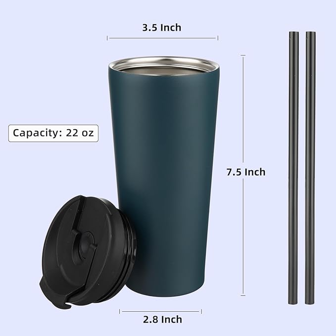 Konokyo 22 OZ Insulated Tumbler with Lid and 2 Straws Stainless Steel Water Bottle Vacuum Travel Mug Coffee Cup,Navy Blue