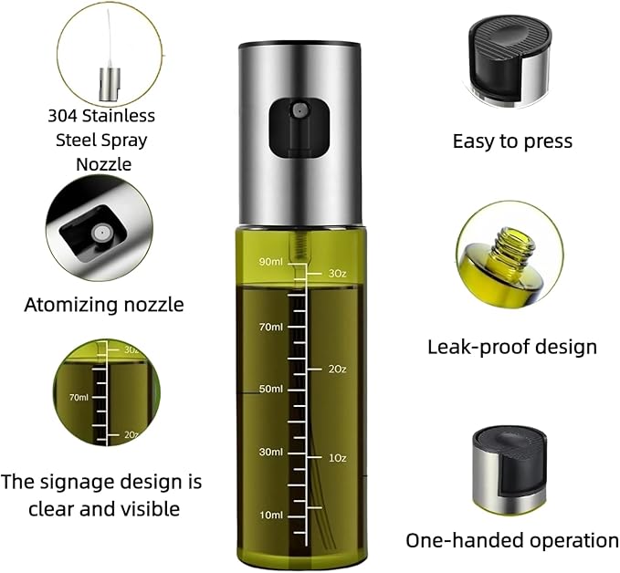 Cooking Oil Spray Bottle, Olive Oil and Avocado Oil Spray Bottle, 100ml Olive Oil Spray Bottle, Kitchen Tools, Air Fryer, Salad, Frying, Grilling (light-blocking glass)-Silver