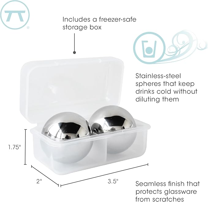 Outset Stainless Steel Ice Cube Spheres, Set of 2 Round Reusable Metal Whiskey Stones with Store Box, 1.57"