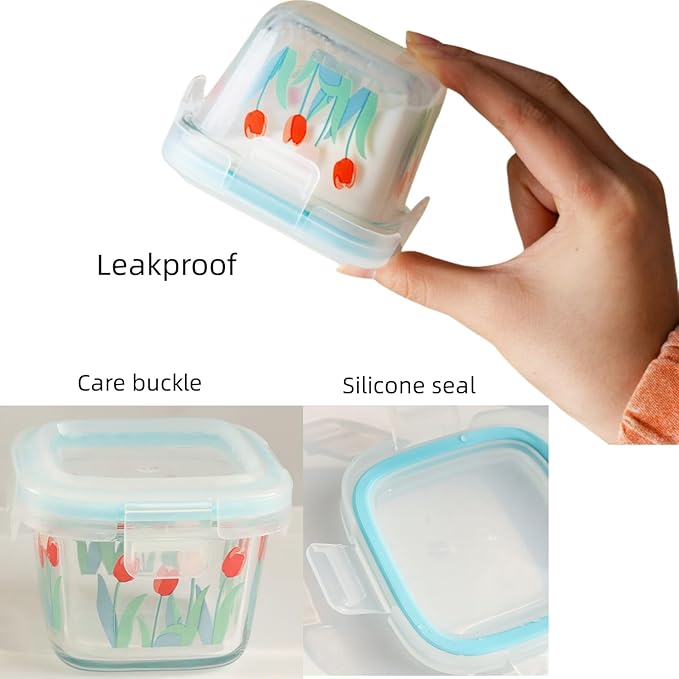 Ivymei 2 Pack Mini Glass Containers with lids,Small Tulip Food Storage Contaiers Glass Food Jars for Food Portion,Dipping Sauce,Snack,Yogurt,Fruit,Leakproof,Microwave Freezer Safe