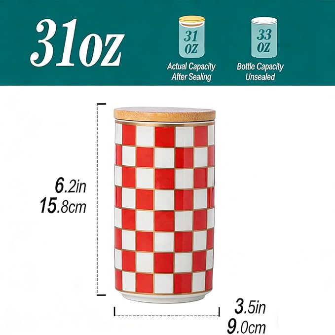 Kitchen Countertop Ceramic Checkered Canisters,Black And White Food Storage Containers With Lid,Airtight Kitchen Canisters for Flour, Sugar, Coffee, Tea, and Dry Goods (Red, Large)