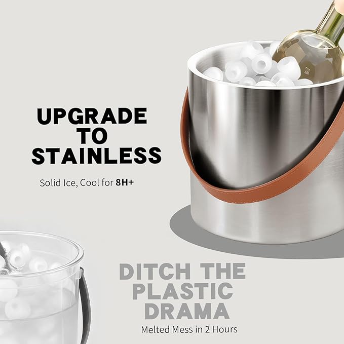 Bakpoco Insulated Ice Bucket with Lid, Scoop, Ice Tongs & Detachable Double-Sided PU Cover– 3L Double-Wall Stainless Steel Ice Buckets for Parties, Cocktail Ba, Champagne & Bar Cart Accessories