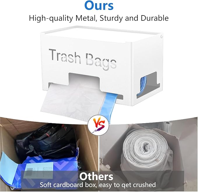 STWWO Large Trash Bag Holder Dispenser, Metal Garbage Bag Dispenser Roll Holder, Kitchen Trash Storage Organizer for Under Sink, Wall Mounted or Countertop, White