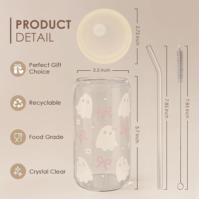 SANDJEST Halloween 16oz Can Glass Tumbler with Acrylic Lid & Straw, Iced Coffee Cup for Women Girls, Aesthetic Cups Gifts for Party