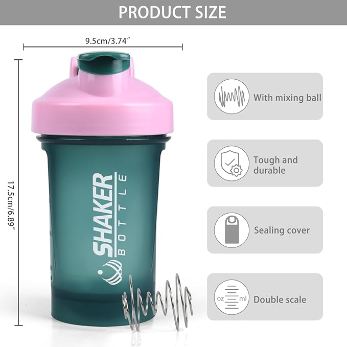 Shaker Bottle,400ml Small Protein Shaker Bottle with Mixing Ball, Portable 14oz GYM Shakes Cup for Workout,BPA free, 100% Leak Proof,Dishwasher Safe（Green）