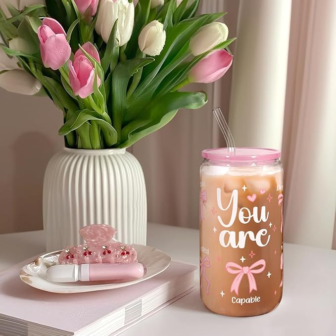 SANDJEST Christian 16oz Can Glass Tumbler with Acrylic Lid & Straw, Iced Coffee Cup for Women Girls, Aesthetic Cups Gifts for Birthday Christmas