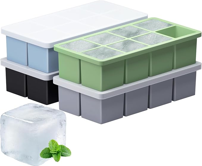 Large Ice Cube Molds, 4 Pack Easy Release Ice Trays for Freezer with Lid, Stackable Square Big Silicone Ice Cube Tray BPA Free Slow Melting for Bourbon Whiskey, Cocktails, Iced Coffee