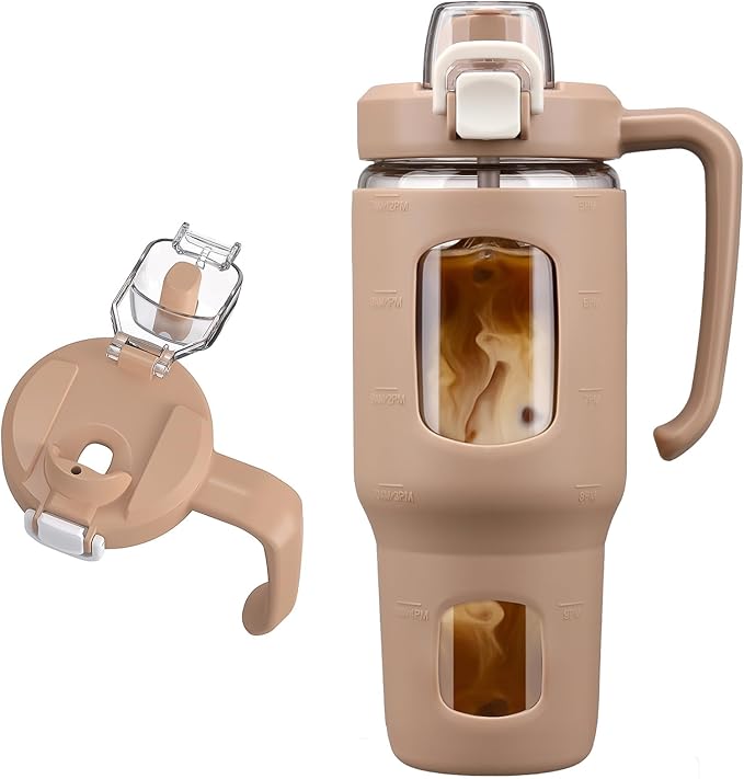 32oz Glass Tumbler with Straw Handle and 2-IN-1 Sip & Spout Lid, Reusable Iced Coffee Cup for Smoothie, Matcha, Leakproof Glass Water Bottle with Straw and Silicone Sleeve, BPA Free-Amber