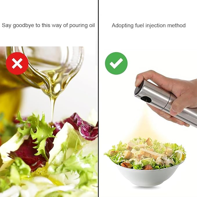 100ml Stainless Steel Olive Oil Sprayer, Multi-Purpose for Cooking, Salads, BBQs, Air Fryers. One-Handed Use. Suitable for Oils, Vinegar, Soy Sauce. Features a Content Window.