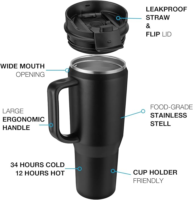 EALGRO 40 oz Tumbler with Handle, Insulated Tumblers with Lid and Straw, Large Metal Sports Water Bottle Jug, Thermal Stainless Steel Travel Coffee Mug Cup, Black