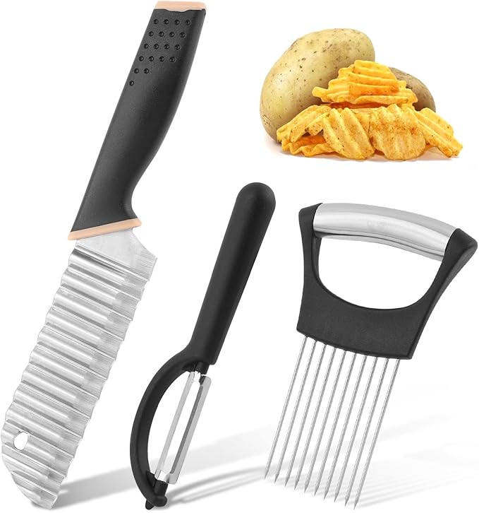 Crinkle Cutter with Onion Holder for Slicing and P-type Peeler, Stainless Steel Wavy Slicer with Handle, Crinkle Cutter for Veggies, Potatoes(COLOR:Black)