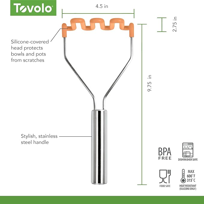 Tovolo Silicone Potato Masher Stainless Steel Handle Apricot Orange Dishwasher Safe Heat Resistant Non Scratch Handheld Coil Wire Potato Smasher for Nonstick Pans Ergonomic Kitchen Food Prep Tool