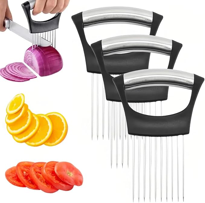 Onion Holder for Slicing, Stainless Steel Onion Slice Holder Lemon Slicer Vegetable Cutter, Multifunctional Chopper Assistant Kitchen Slicer Tool for Fruit, Meat, Tomato, Onion Slicing (3 Pack)