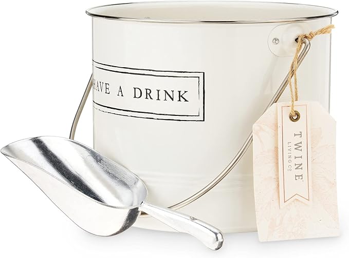 Twine Have A Drink White Enameled Metal Ice Bucket & Scoop for Parties - Wine Bottle And Beer Bottle Bucket in 1 Gallon
