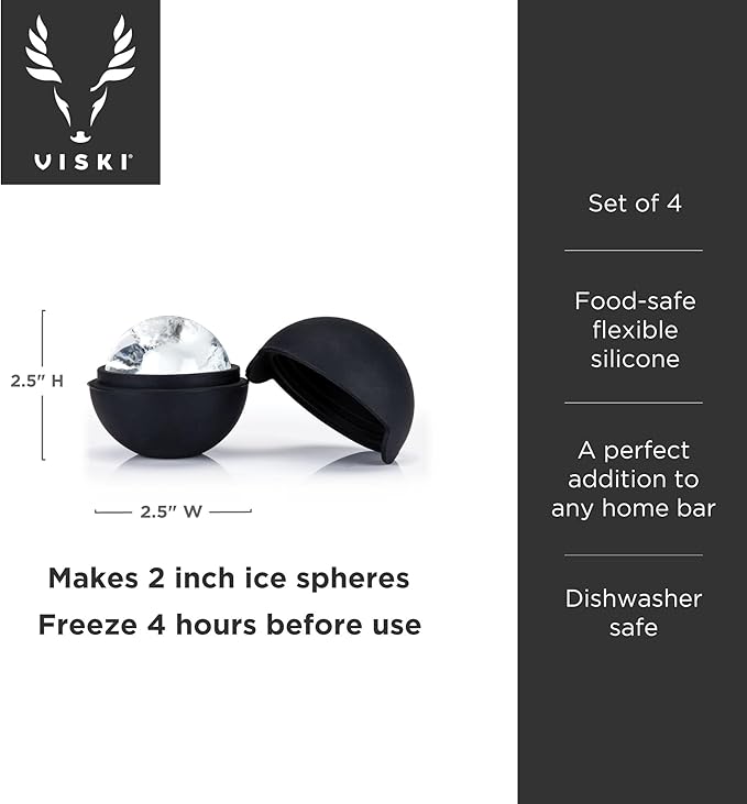 Viski Sphere Ice Molds, Large 2 Inch Silicone Ice Ball Makers for Whiskey, Bourbon, Scotch, and Cocktails, Easy Release Round Mold Set for Drinks, Home Bar Gifts, Bar Cart Accessories, Set of 4