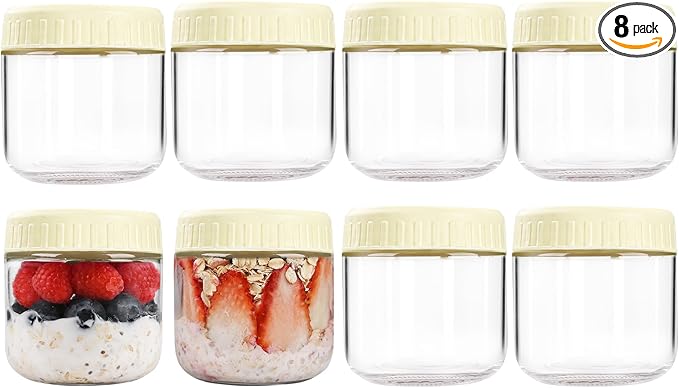 SHOWIN Overnight Oats Containers with Lids, 10oz Glass Jars with Lids 8 pcs, Milk White, Wide Mouth Mason jars for Salad, Yogurt, Snacks, Meal Prep