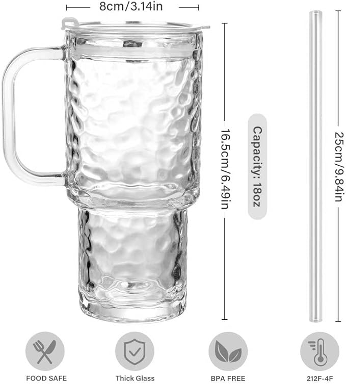 18oz Glass Tumbler with Handle and Lid, 2 Pack Iced Coffee Cups with Straw, Thicked Wall Glass Mug for Cold & Hot Water, Travel Car Cup for Smoothies, Tea, and Juice