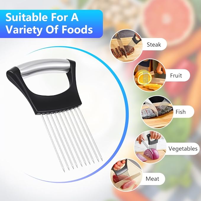 Stainless Steel Onion Holder for Slicing, Onion Slicer and Cutter, Kitchen Utensil for Onions, Tomatoes, Avocados, Eggs, Meat and Vegetables (2Pcs)