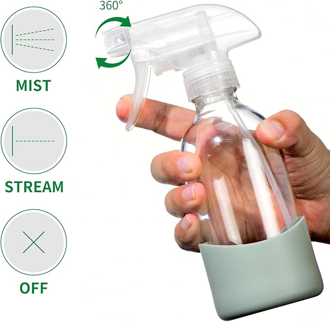 8oz Clear Glass Spray Bottles with Silicone Sleeve–Refillable Spray Bottles for Cleaning Solutions,Hair,Plants&Essential Oils–Leakproof,Adjustable Nozzle,Reusable,Eco-Friendly (1 Pack)
