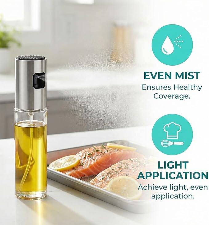 Oil Sprayer Mister, 100ml Glass Bottle with Continuous Spray for Cooking, Salads, BBQ, Baking, Air Fryers, Portion Control Kitchen Dispenser