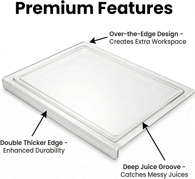 Acrylic Cutting Board with Counter Lip,17x13 Inch Clear Chopping Board, Non-Slip Ease to Clean Anti-Scratch Kitchen Cutting Boards with Lip for Countertop,Ideal for Food-Fruits,Bread,Vegetables Prep