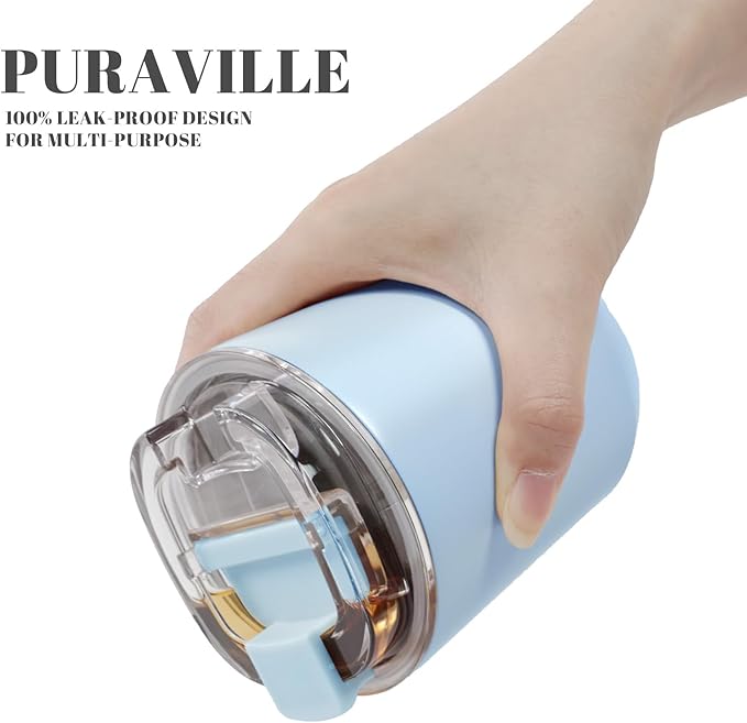 Puraville Insulated Tumblers with Lid, 10 oz Travel Coffee Mug Stainless Steel Vacuum Cup, Leak Proof Reusable Double Walled Coffee Tumbler for Iced and Hot Drinks, Light Blue