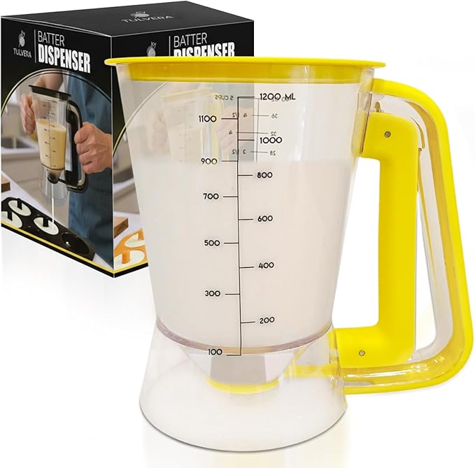 Pancake Batter Dispenser | 5-Cup Mix Pourer for Pancakes, Waffles, Crepes, Muffins, Cupcakes | Squeeze Handle, Portion Control Pitcher, Durable Drip-Free Design | Baking Accessories (Classic Yellow)