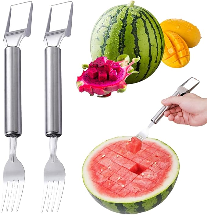 2-in-1 Stainless Steel Watermelon Cutter, Fruit Slicer and Fork Tool, Dual Head Watermelon Cube Cutter with Round Handle for Easy Serving, Kitchen Fruit Cutting Tool (2pcs)