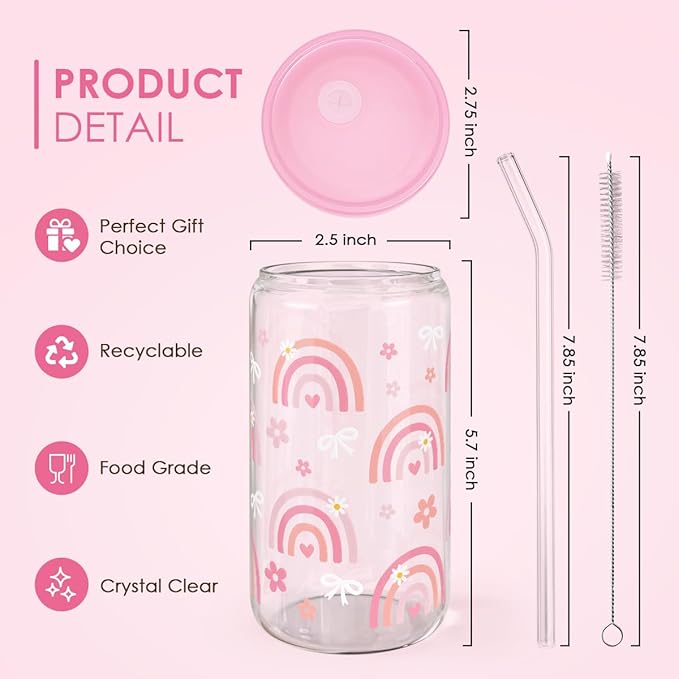 SANDJEST Rainbow 16oz Can Glass Tumbler with Acrylic Lid & Straw, Iced Coffee Cup for Women Girls, Aesthetic Cups Gifts for Birthday Christmas