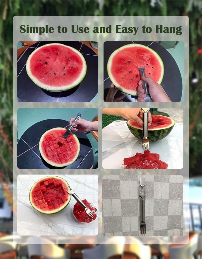 2-in-1 Stainless Steel Watermelon Fork Slicer, Portable Fruit Cutter Knife for Quick Melon Cubes, Kitchen Gadget for Summer Party, Picnic & Camping, Silver (1 Pack)