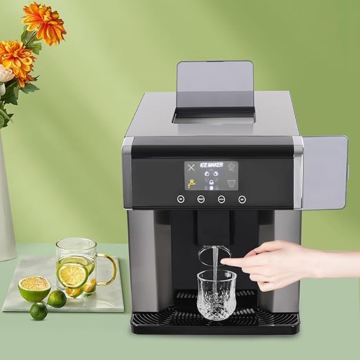 Nugget Ice Maker Countertop, 2-in-1 Water Dispenser with Ice Maker, 33lbs/Day Electric Ice Maker Machine with LCD Display and Touch Control, Automatic Water Injection Ice Dispenser for Cafes Homes