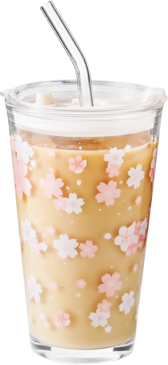 Olvini 15oz Glass Tumbler with Glass Straw and Lid, Cute Iced Coffee Cups, Aesthetic Glass Cups, Coffee Tumbler, Water Cup, Matcha Cup, Drinking Glasses (Cherry blossom)
