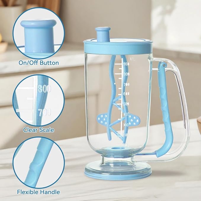 Pancake Batter Dispenser with Built-in Mixer Handle - No-Drip Handheld Funnel for Pancakes, Baking, Waffles, Cupcakes & Muffins - Easy Squeeze Baking Tool for Perfect Portions