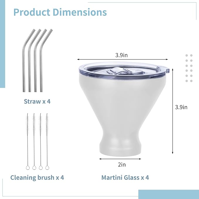 Stainless Steel Martini Glasses with Lids and Straws, Martini Glasses Set of 4, Perfect for Home Bar, Beach, and Picnics, Quality Double-Wal (White)