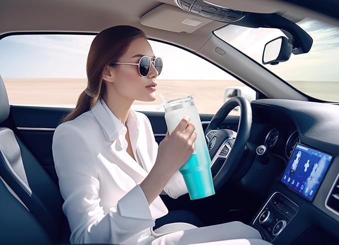 Meoky 40 oz Tumbler with Handle and Straw, Insulated Tumbler with Lid and Straw, Stainless Steel Travel Mug, Keeps Cold for 34 Hours, 100% Leak Proof, Fits in Car Cup Holder (Azure)