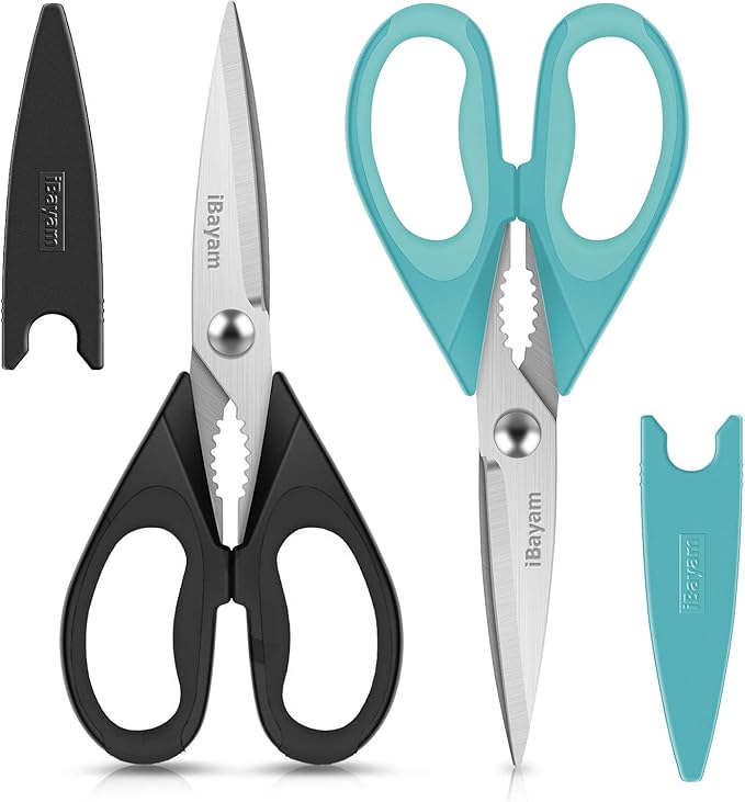 Kitchen Shears, iBayam Kitchen Scissors Heavy Duty Meat Scissors Poultry Shears, Dishwasher Safe Food Cooking Scissors All Purpose Stainless Steel Utility Scissors, 2-Pack (Black, Aqua Sky, 8-inch)