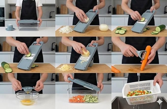 Kalmat Dynamics Food Chopper and Vegetable Slicer, 16-in-1 Multi-Function Kitchen Chopper with 7 Blades and Container, Free Black Cooking Apron (Blue+white)