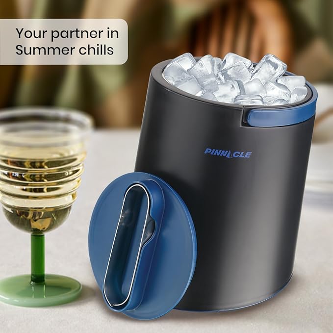 PINNACLE Insulated ice bucket for parties with Tong that fit into Lid - Stainless Steel ice bucket for cocktail bar with Collapsible Handles for indoor/outdoor bar, BPA Free (blue)