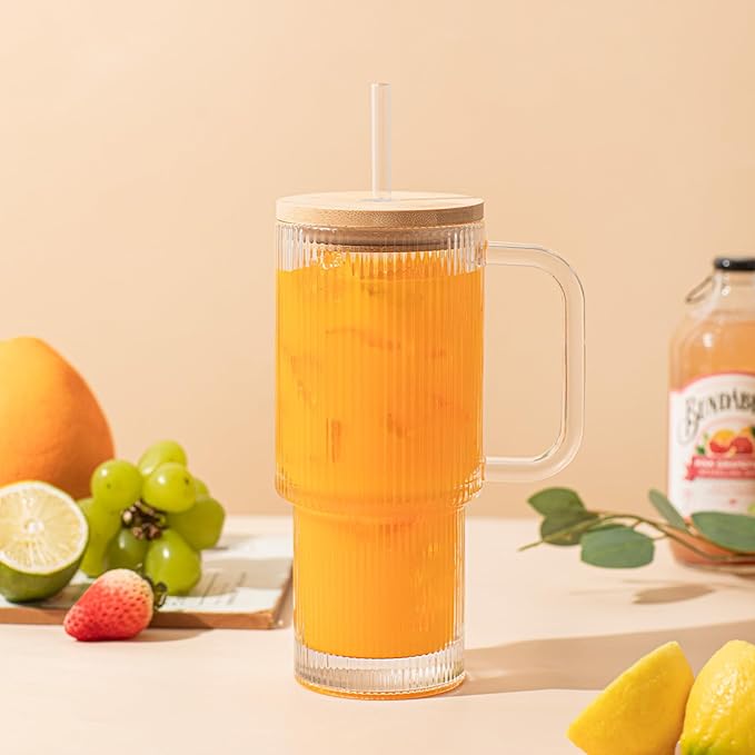 SoulTimes 24oz Ribbed Glass Tumbler with Handle and Bamboo Lid, Set of 2 Glass Cups with Lids and Straws for Coffee, Tea, Juice and Smoothies, Reusable Iced Coffee Cups Includes 2 Sealed Plastic Lids