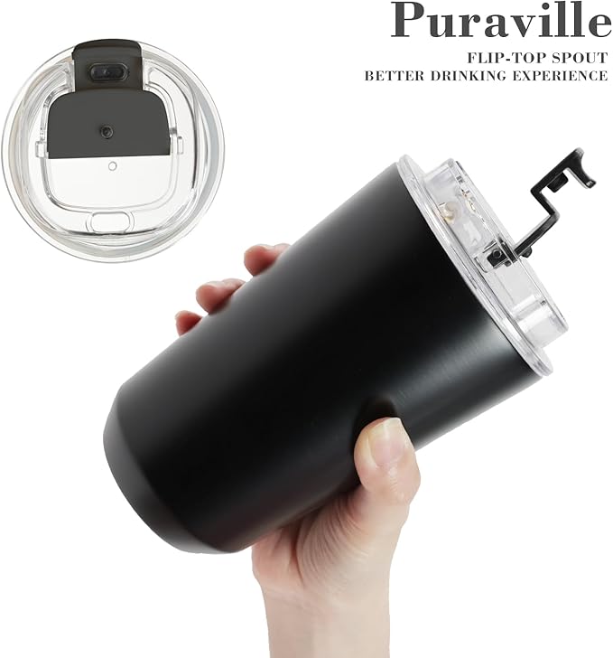 Puraville Insulated Tumblers with Lid, 14 oz Travel Coffee Mug Stainless Steel Vacuum Cup, Leak Proof Reusable Double Walled Coffee Tumbler for Iced and Hot Drinks, Black