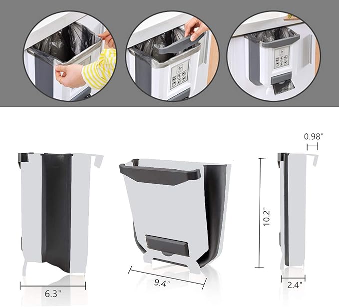 YCOCO Hanging Kitchen Trash Can,2.4 Gallon Collapsible Waste Bin,Small Plastic Folding Hang Garbage Can for Cabinet Car Bedroom Bathroom Kitchen Office,White