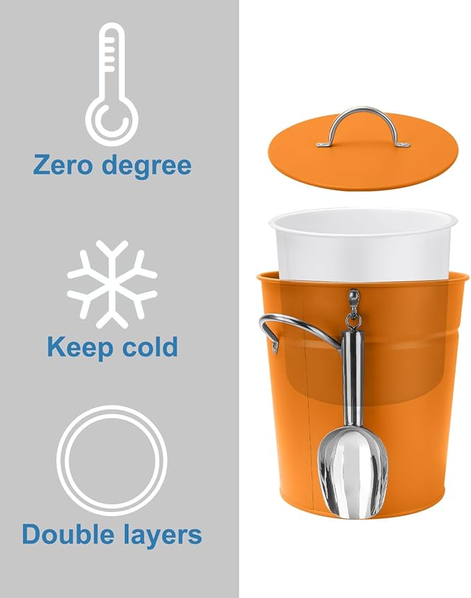 3Qt Orange Galvanized Ice Bucket with Lid, Scoop & Handles - Ideal for Cocktails, Parties, BBQs, Wine & Champagne. Double-Layer Insulated Outer & Galvanized Inner Layer, Perfect for Home & Outdoor Use