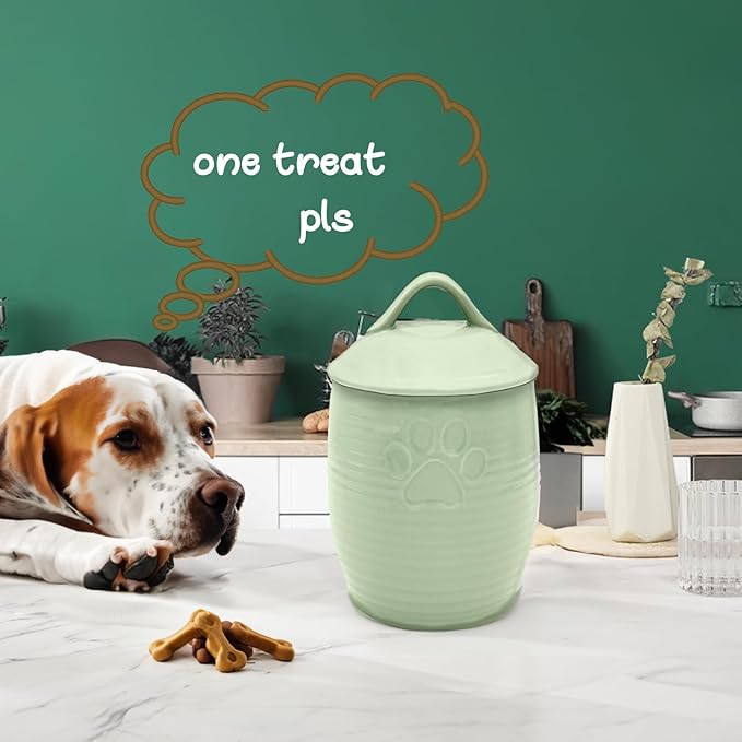 Large Dog Treat Container Airtight, Cute Dog Treat Jar with Lids,Rustic Dog Treat Storage Container, Ceramic Cat Food Jars for Kitchen Counter, Green