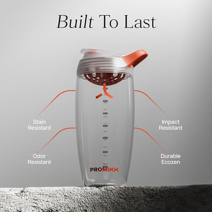 Promixx Pursuit Protein Shaker Bottle – 32oz Silent Snap-Fit Mixer for Lump-Free Shakes – Leak-Proof BPA-Free Ecozen Gym Shaker with Measurement Marks for Fitness and Travel – Clear