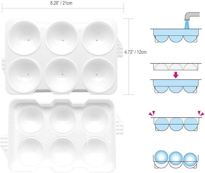 Ice Tray, large 6 x 2 inch ball spheres shapes Giant spherical bar, whiskey, cocktails, scotch, sphere cubes Best BPA free round cube balls molds trays (6 Cube)