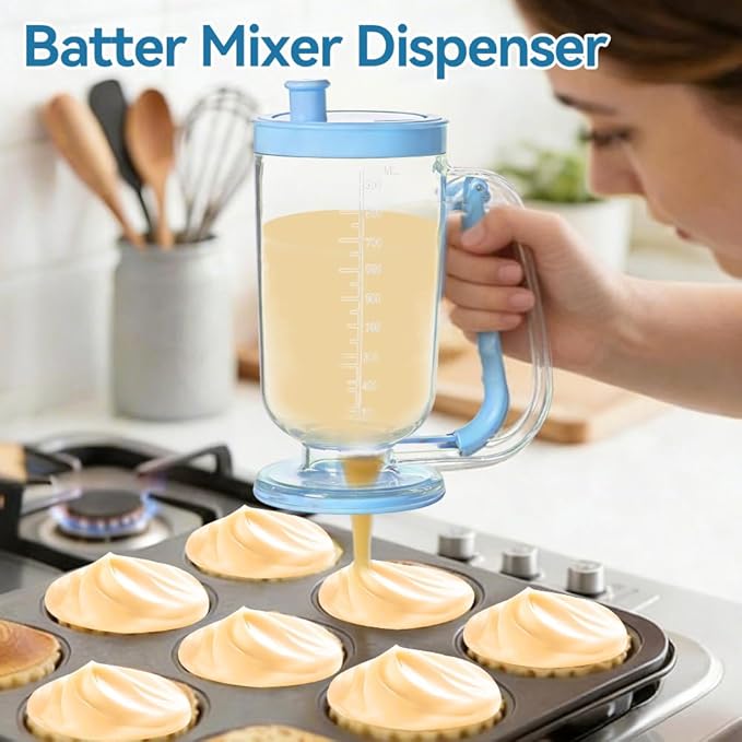 Pancake Batter Dispenser with Built-in Mixer Handle - No-Drip Handheld Funnel for Pancakes, Baking, Waffles, Cupcakes & Muffins - Easy Squeeze Baking Tool for Perfect Portions
