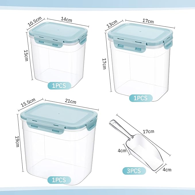 Patelai 6 Pcs Dog and Cat Food Storage Containers with Scoops Set Plastic Pet Food Storage Containers Stackable Airtight Dry for Kitchen 1.27 Qt, 2.4 Qt, 4 Qt(Blue)