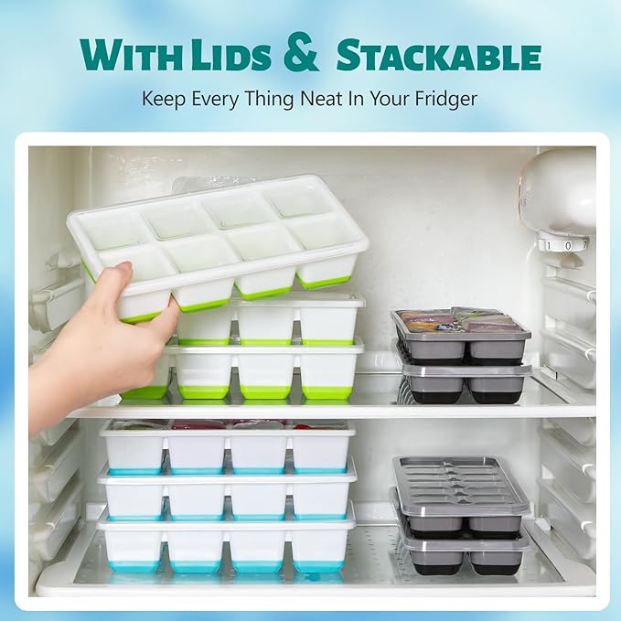 Ice Cube Trays 4 Pack, JRISBO Large Silicone Ice Cube Molds with Leak-Proof Lid, TPE Frame & Easy Release Bottom, Stackable Freezer Ice Trays for Whiskey, Cocktails, Soup, BPA Free
