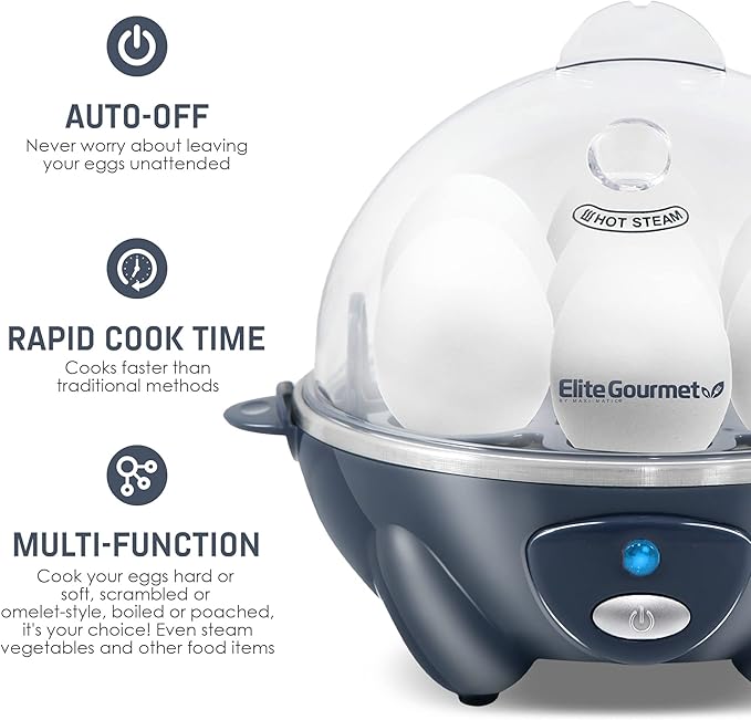 Elite Gourmet EGC710BG Rapid Egg Cooker, 7 Easy-To-Peel, Hard, Medium, Soft Boiled Eggs, Poacher, Omelet Maker, Auto Shut-Off, Alarm, 16-Recipe Booklet, BPA-Free, Slate Blue
